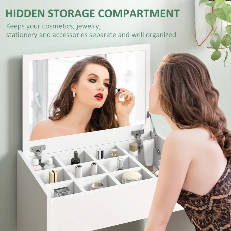 HOMCOM Tavolo da Trucco con Specchio Richiudibile, Tavolo da Trucco Moderno, con Sgabello, Vano Contenitore (10 Scomparti), MDF Bianco, 60.2 x 40.2 x 79cm