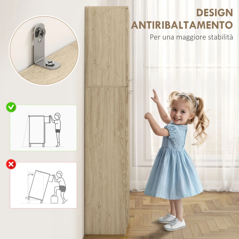HOMCOM Mobile Contenitore Minimal con 2 Armadietti e Mensole Regolabili, in Legno color Rovere, 59x31x155 cm