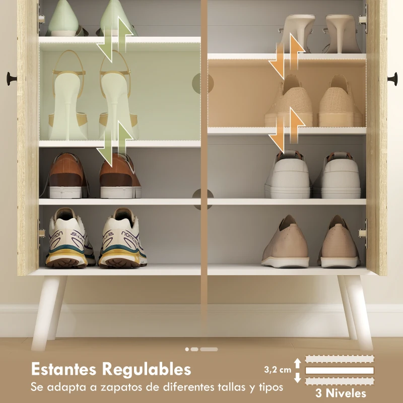 HOMCOM Zapatero Entrada Recibidor con 2 Puertas Estantes Ajustables Cajón para 12 Pares de Zapatos 75x35x97 cm Blanco y Natural