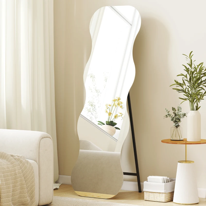 HOMCOM Espelho de Pé 160x50 cm sem Moldura Espelho de Corpo Inteiro com Forma Ondulada Suporte e Base de Madeira Preto
