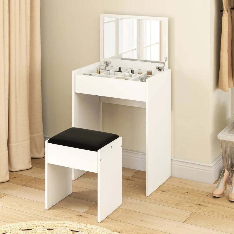 HOMCOM Tavolo da Trucco con Specchio Richiudibile, Tavolo da Trucco Moderno, con Sgabello, Vano Contenitore (10 Scomparti), MDF Bianco, 60.2 x 40.2 x 79cm