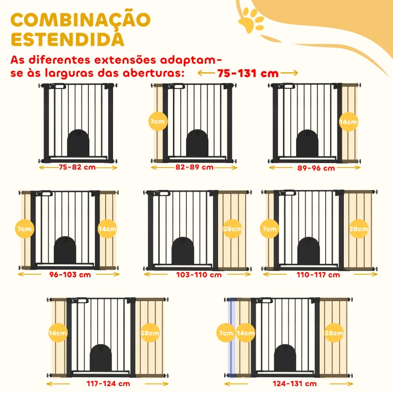 PawHut Barreira de Segurança de Animais de Estimação para Escadas e Portas com Aberturas de 75-131 cm com 3 Extensões Preto