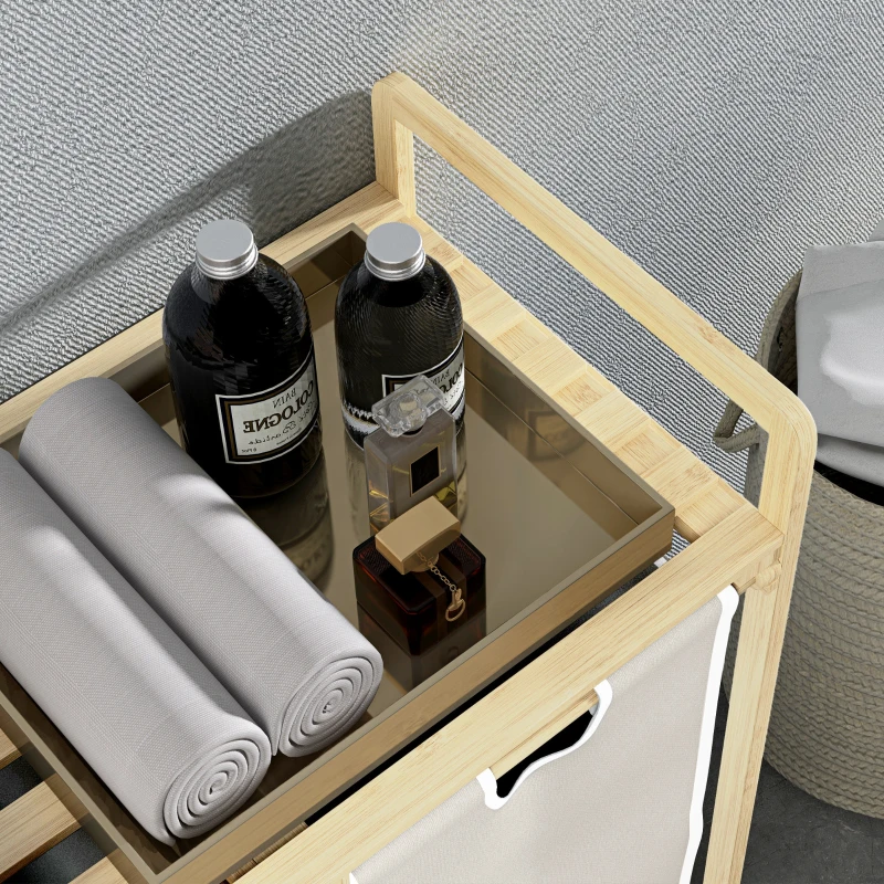 HOMCOM Wäschekorb mit 2 Waschsäcken, 1 Ablage, Bambus, 63,5 cm x 33 cm x 73 cm, Hellgrau + Natur