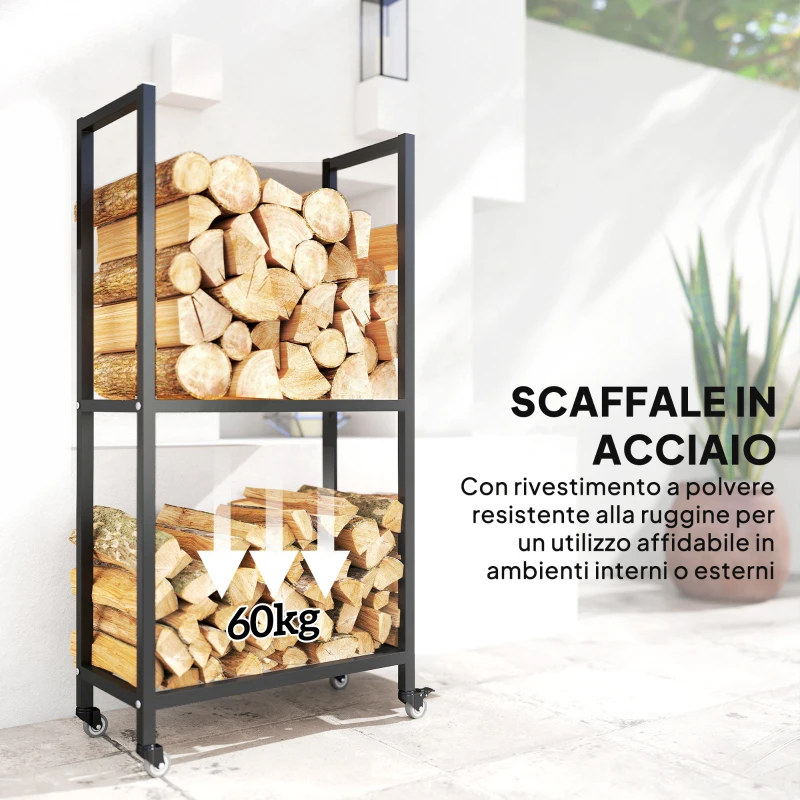 Outsunny Portalegna da Esterno e Interno a Due Livelli con Ruote in Acciaio Rinforzato, 60x30x119 cm, Nero