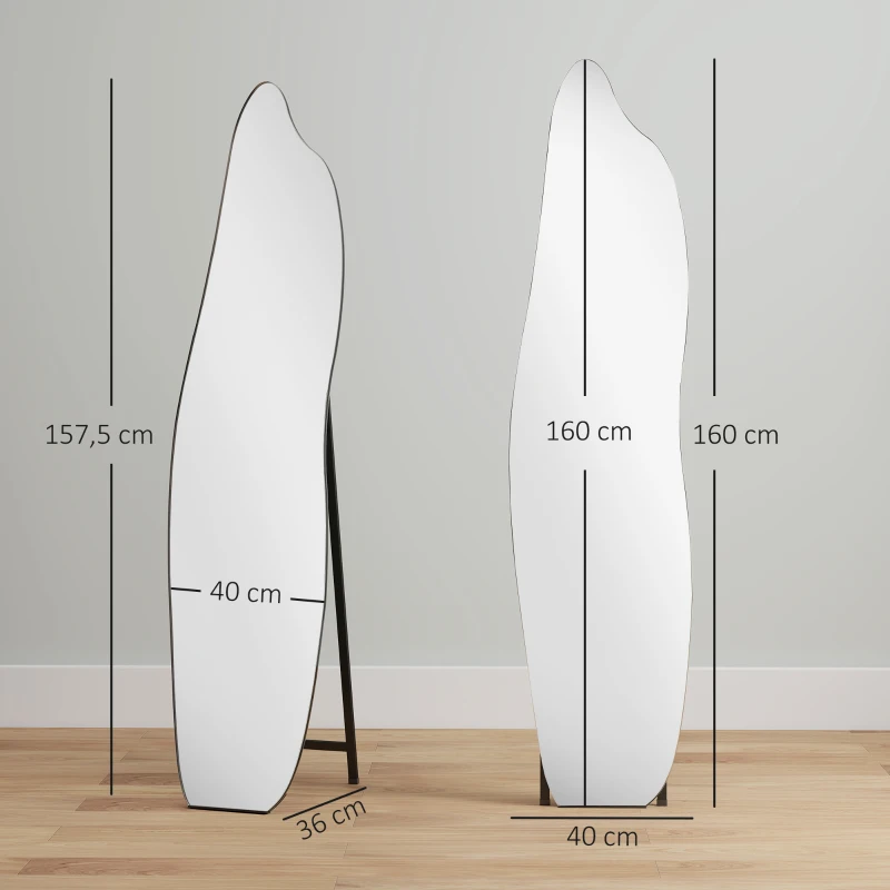 HOMCOM Espelho de Pé 160x40 cm sem Moldura Espelho de Corpo Inteiro Forma Irregular com Suporte Metálico Preto