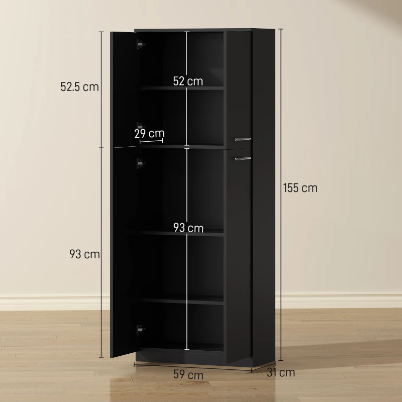 HOMCOM Mobile Contenitore Minimal con 2 Armadietti e Mensole Regolabili, in Legno Nero, 59x31x155 cm