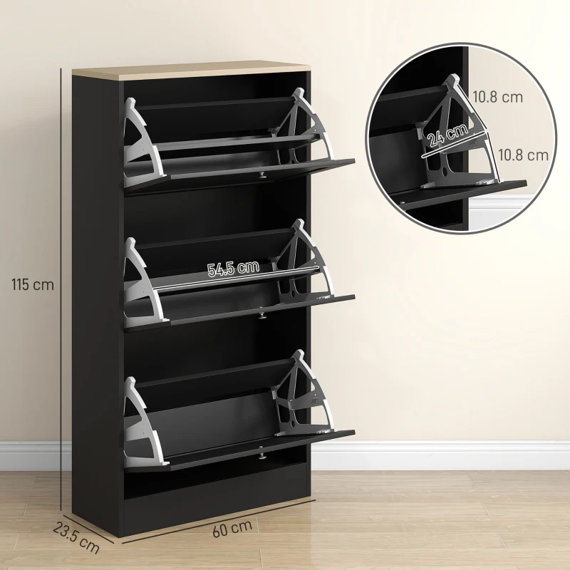 HOMCOM Dulap Îngust pentru Pantofi cu 3 Sertare și Rafturi Reglabile pe 2 Niveluri, 60x23,5x115 cm, Negru