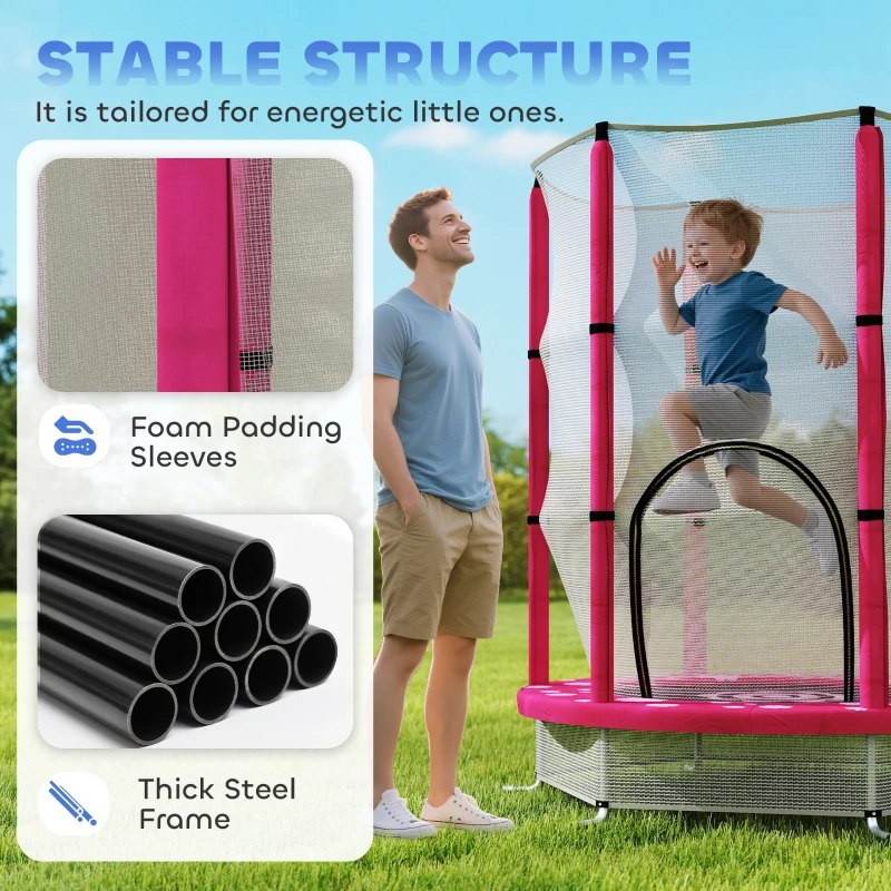 AIYAPLAY 4.6ft Toddler Trampoline w/ Safety Enclosure Net, for Indoor Outdoor Use, Ages 3-6 Years, Pink