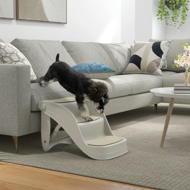 PawHut Escada para Cães de 3 Degraus Dobrável Escada para Animais de Estimação com Tapetes Antiderrapantes 49x38x38 cm Cinzento