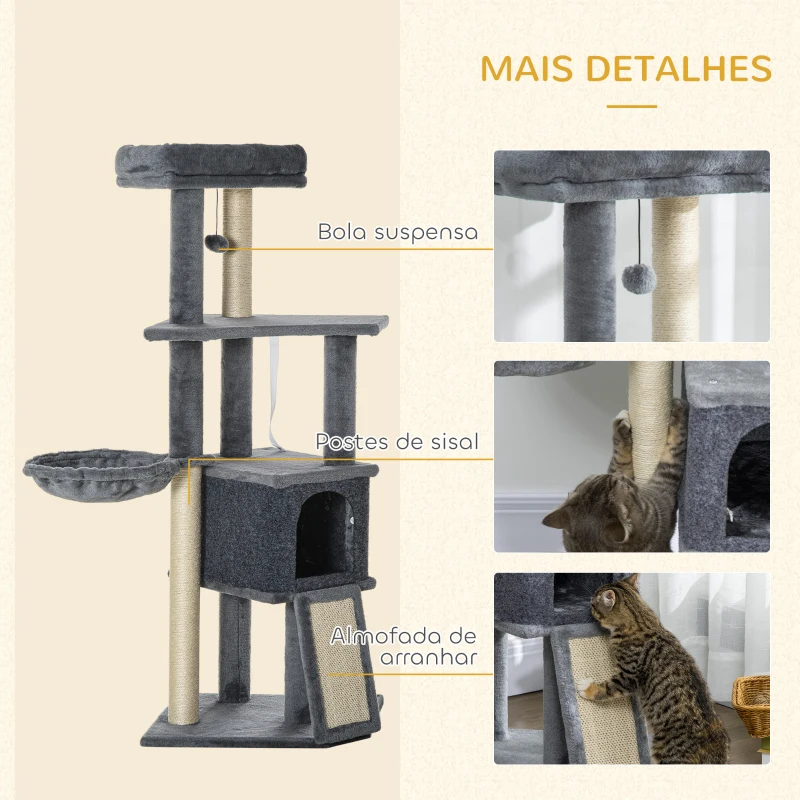 PawHut Arranhador para Gatos 127 cm com Caverna Rede Cama Plataformas Rampa de Sisal Bola Pendurada Cinza