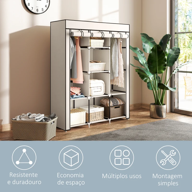 HOMCOM Roupeiro de Tecido Dobrável com 8 Prateleiras de Armazenamento e 2 Barras de Pendurar 125x43x162,5cm Creme
