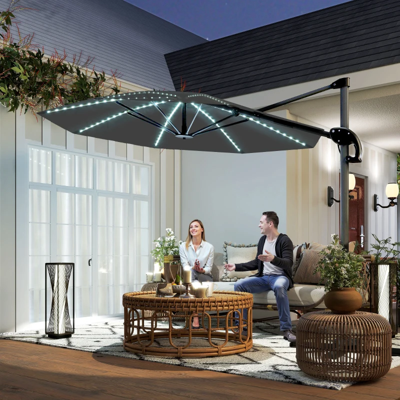 Outsunny Alu Ampelschirm LED Solar Ø300 cm höhenverstellbar Sonnenschirm mit Kurbel Ständer UV50+ Dunkelgrau