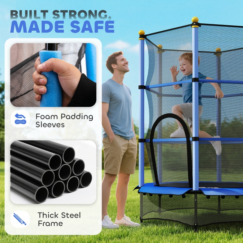 HOMCOM 4.6FT/55" Kids Trampoline with Safety Enclosure, Outdoor Indoor Use, for Ages 3-10 Years, Blue