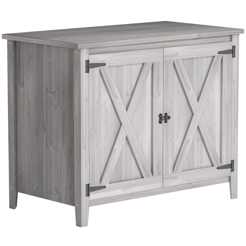 Outsunny Gartenschrank, Holzschrank für Gartengeräte, Outdoor-Schrank für Terrasse, mit Doppeltüren, Scheunendesign, Hellgrau(m-1)
