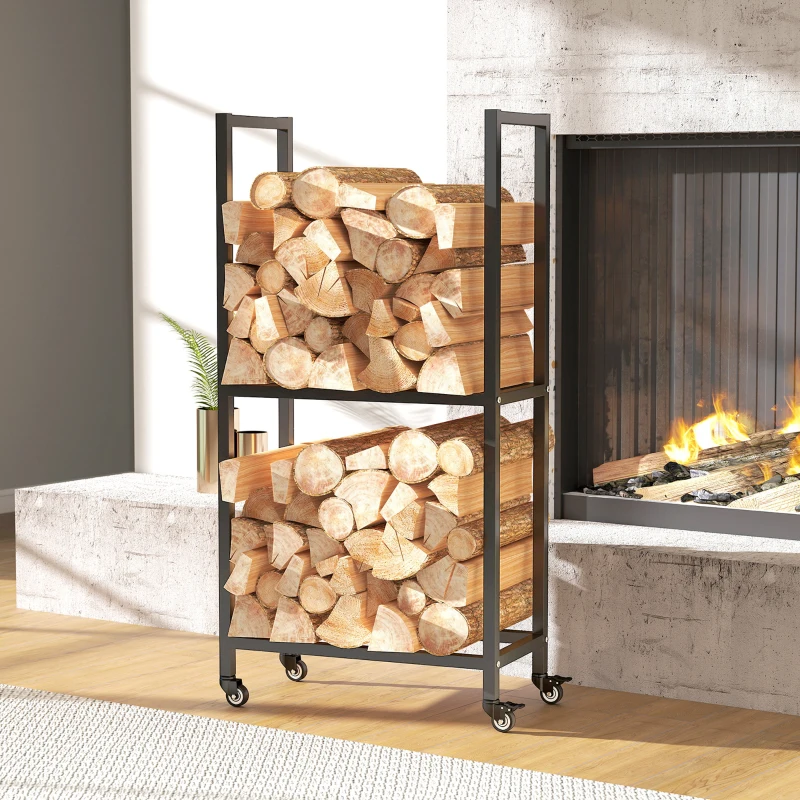Outsunny Kaminholzregal für innen Stahl 60 x 30 x 119cm 2 Ebenen Brennholzregal mit Rolle Schwarz