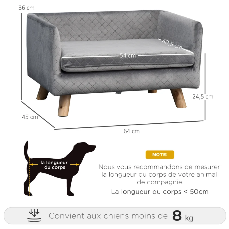 PawHut Sofá Cama para Cães e Gatos Escandinavo com Almofada Veludo 64x45x36 cm Cinza