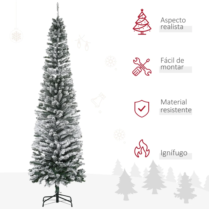 HOMCOM Árbol de Navidad Estrecho 225 cm Árbol Navideño Nevado con 738 Ramas y Soporte de Metal para Salón Verde y Blanco
