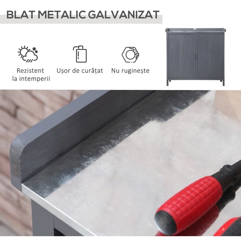 Outsunny Dulap pentru Exterior din Lemn de Brad cu Blat de Lucru din Metal Zincat si 2 Rafturi pentru Scule, 98x48x95.5 cm, Gri