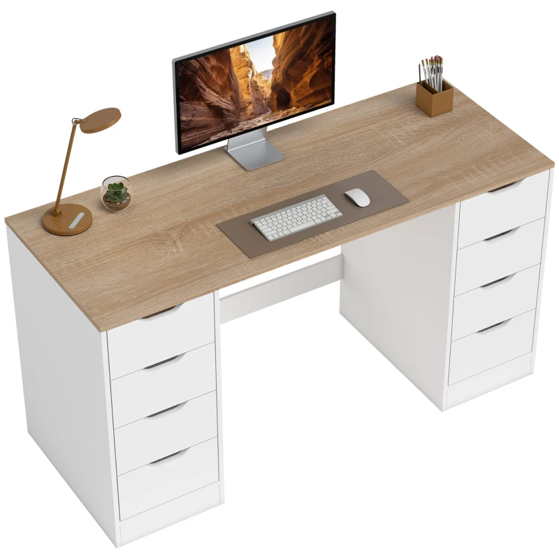 HOMCOM Scrivania con 8 cassetti, salvaspazio e stabile, 140 c, Bianco e Legno naturale