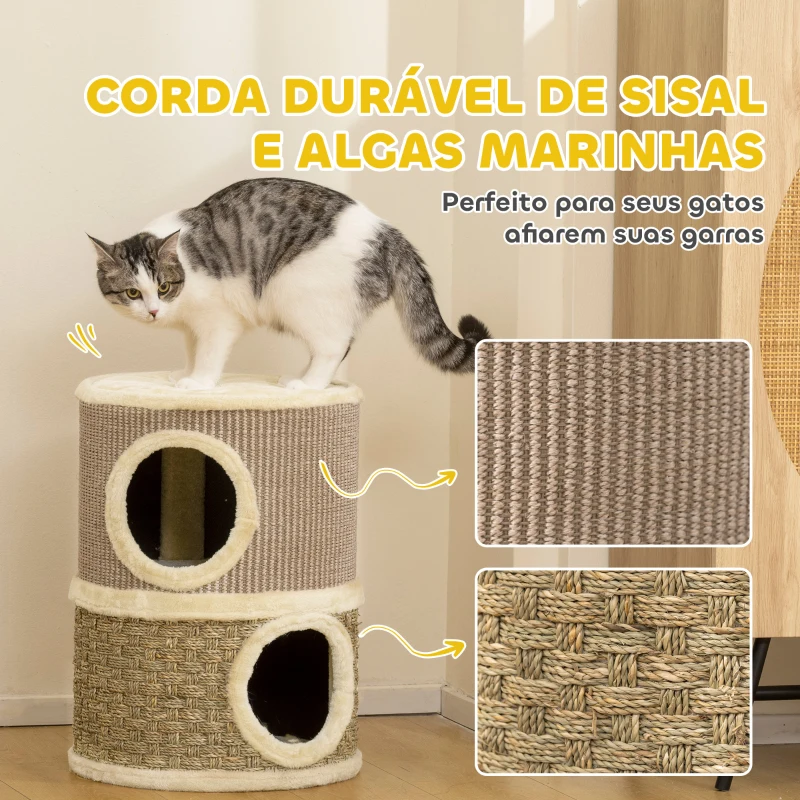 PawHut Arranhador em Forma de Cilindro para Gatos com 3 Níveis Plataforma e Caverna Confortável 37,5x37,5x70 cm Caqui e Bege