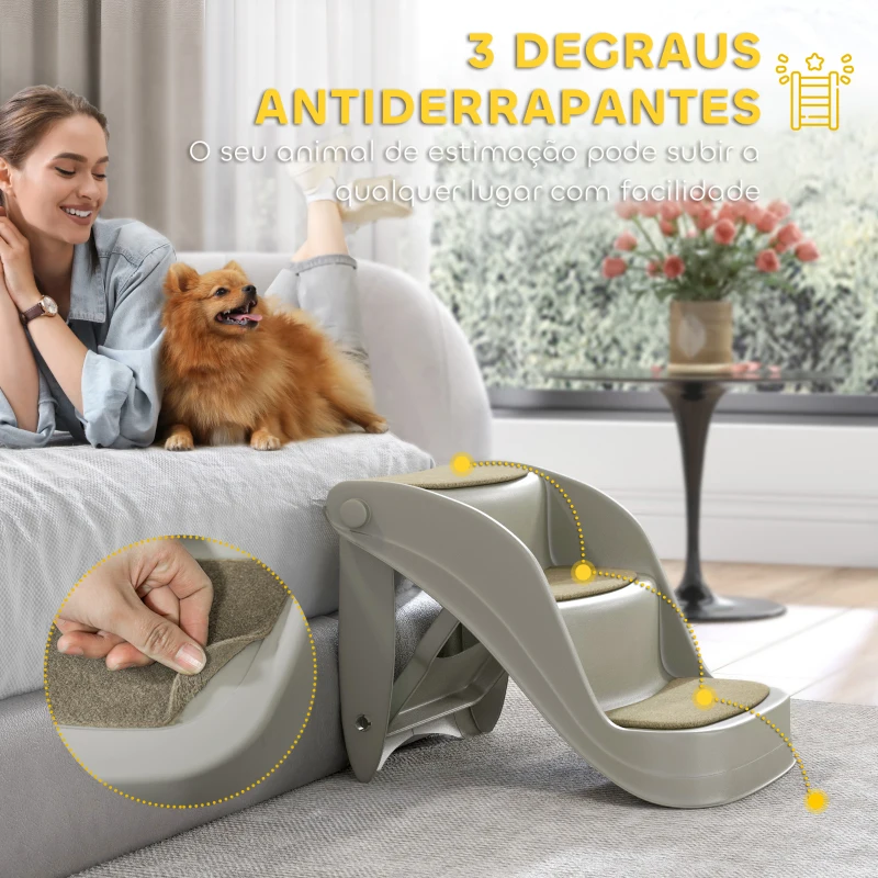 PawHut Escada para Cães de 3 Degraus Dobrável Escada para Animais de Estimação com Tapetes Antiderrapantes 49x38x38 cm Cinzento