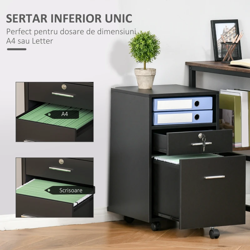 Vinsetto Comodă de Birou cu 2 Sertare și Raft Deschis, Mobilier cu 5 Rotile, Încuietoare și 2 Chei, 39x40x65 cm, Negru
