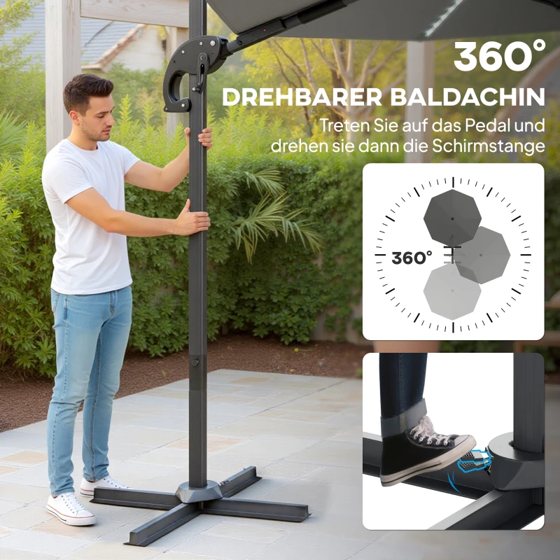 Outsunny Alu Ampelschirm LED Solar Ø300 cm höhenverstellbar Sonnenschirm mit Kurbel Ständer UV50+ Dunkelgrau