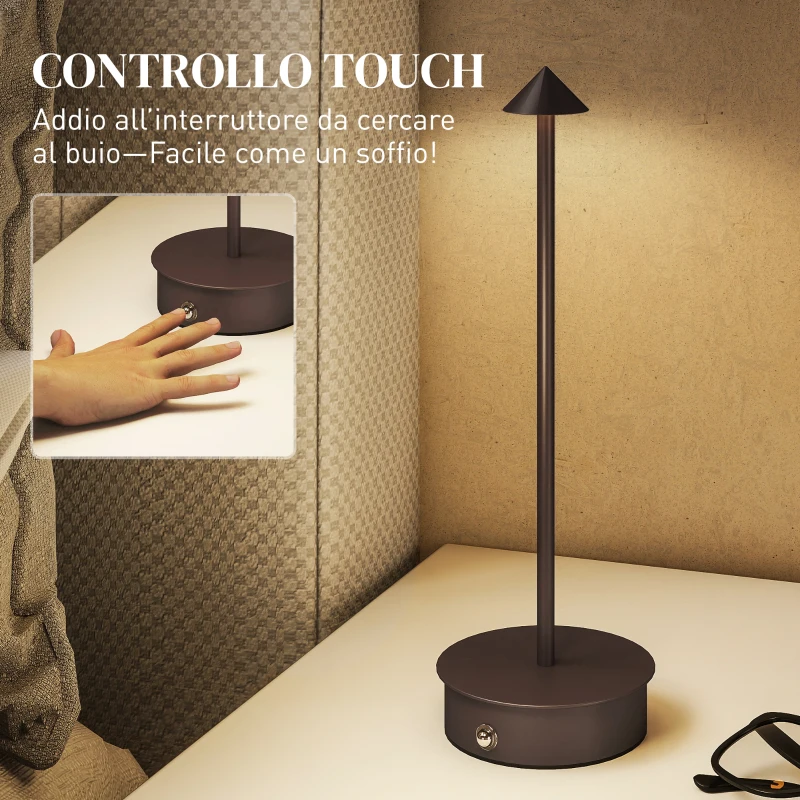 HOMCOM Lampada da Tavolo Touch Ricaricabile con USB, Regolabile 3000K/4500K/6000K, Autonomia 4-8 Ore, Caffè