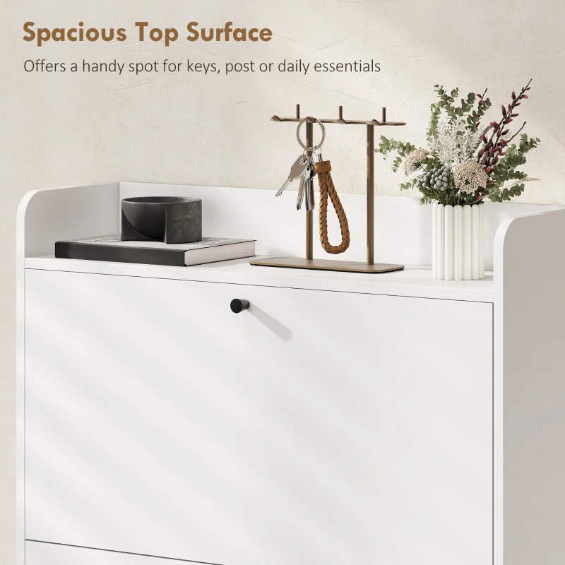 HOMCOM Mobile Scarpiera Slim con 2 Cassetti a Ribalta e Ripiani Regolabili, in Legno e Metallo, 80x24x101 cm, Bianco