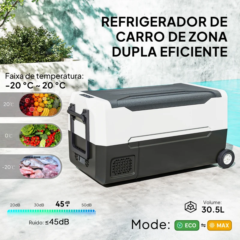 HOMCOM Geleira Elétrica de Compressor Portátil 30,5L para Carro -20℃ a 20℃ com 2 Rodas Alças e Congelador 56,8x33x26,2 cm Preto