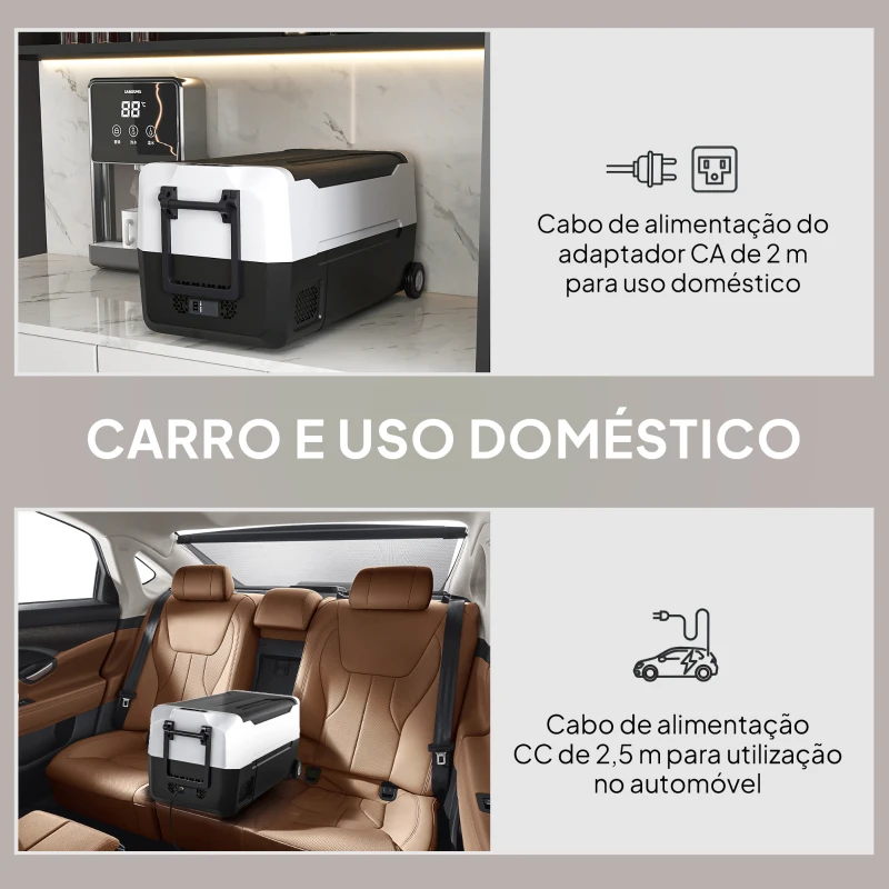 HOMCOM Geleira Elétrica de Compressor Portátil 30,5L para Carro -20℃ a 20℃ com 2 Rodas Alças e Congelador 56,8x33x26,2 cm Preto