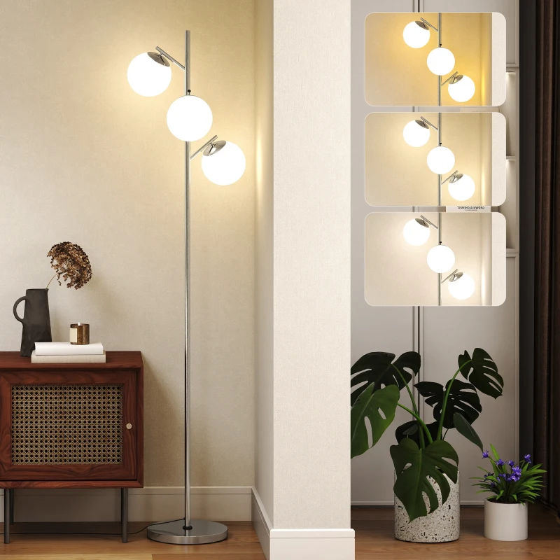 HOMCOM 3-Light Tree Floor Lamps for Living Room, Modern Standing Lamp for Bedroom with Globe Lampshade, 3000K/4000K/6000K Colour Temperatures, Steel Base, Silver Tone