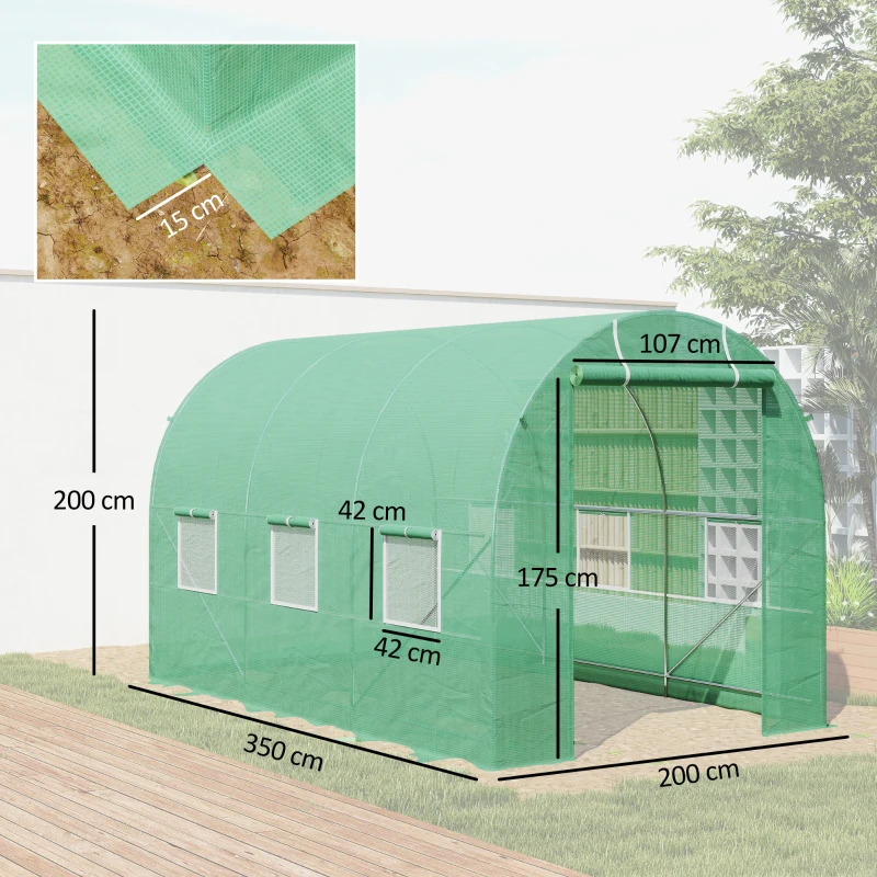 Outsunny Serre de Jardin Tunnel Surface Sol 7m² 3,5L x 2l x 2H m châssis Tubulaire renforcé Porte zippée 6 fenêtres enroulables Vert