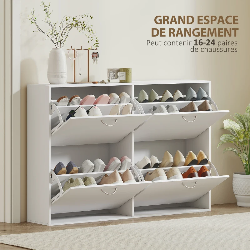 HOMCOM Armoire à Chaussures Meuble à Chaussures Grande Taille dim. 120L x 24l x 81H cm 4 Portes abattantes Double Niveau en Bois Blanc