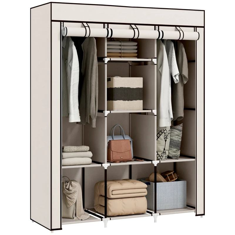 HOMCOM Roupeiro de Tecido Dobrável com 8 Prateleiras de Armazenamento e 2 Barras de Pendurar 125x43x162,5cm Creme