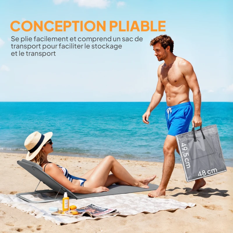 Outsunny Lot de 2 Tapis de Plage rembourré - lot de 2 Matelas de Plage - nattes de Plage - Dossier inclinable Multi-Positions - Sac Transport Inclus - métal Polyester PE Gris