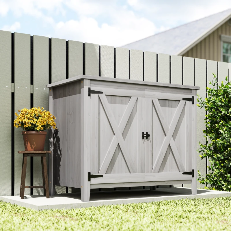 Outsunny Gartenschrank, Holzschrank für Gartengeräte, Outdoor-Schrank für Terrasse, mit Doppeltüren, Scheunendesign, Hellgrau(m-8)