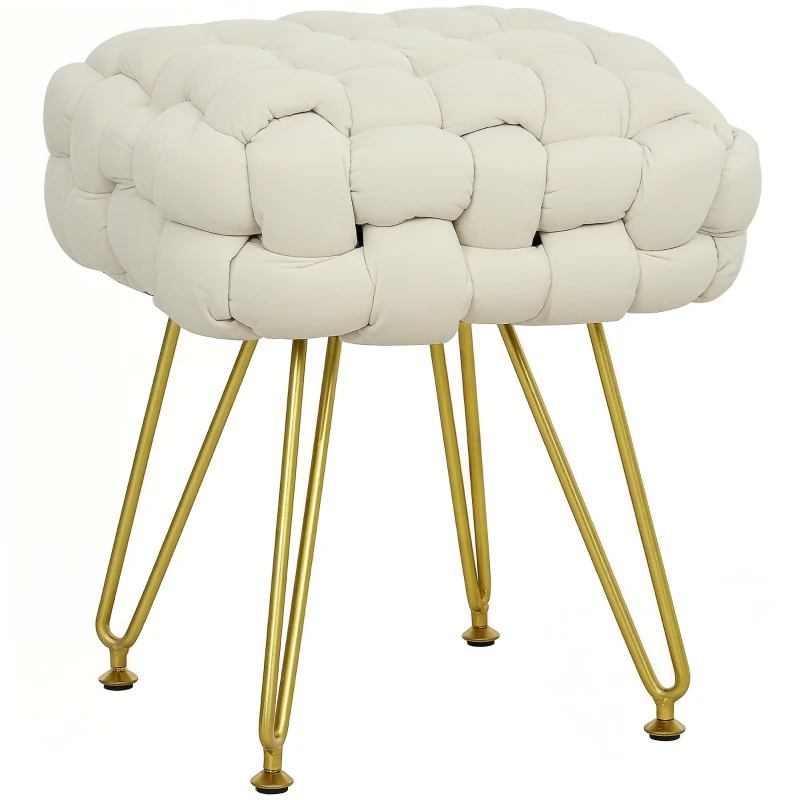 HOMCOM Velvet-Feel Bold Woven Footstool - Cream White