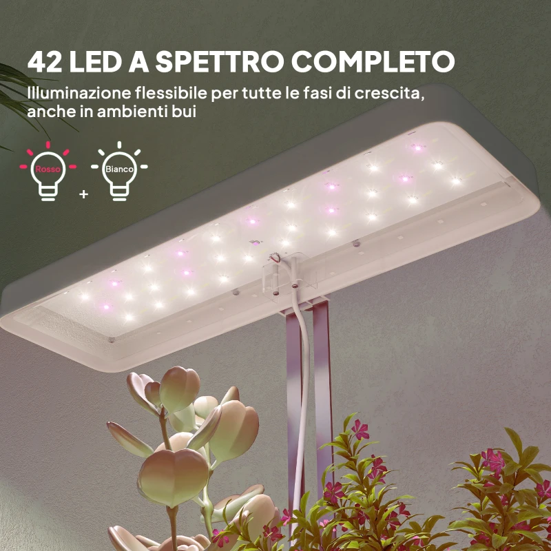 Outsunny Lampade per Pianta da 42 Luci LED con 3 Vasi, Timer e Illuminazione Regolabile, 45x18.8x47.8 cm, Bianco