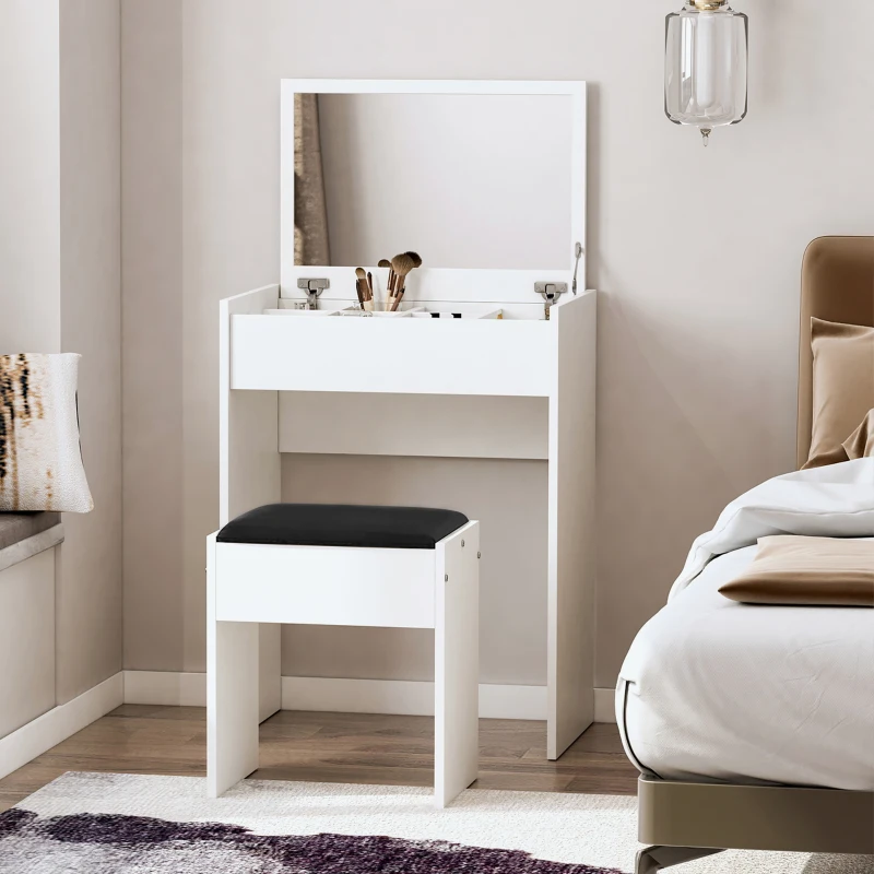 HOMCOM Tavolo da Trucco con Specchio Richiudibile, Tavolo da Trucco Moderno, con Sgabello, Vano Contenitore (10 Scomparti), MDF Bianco, 60.2 x 40.2 x 79cm