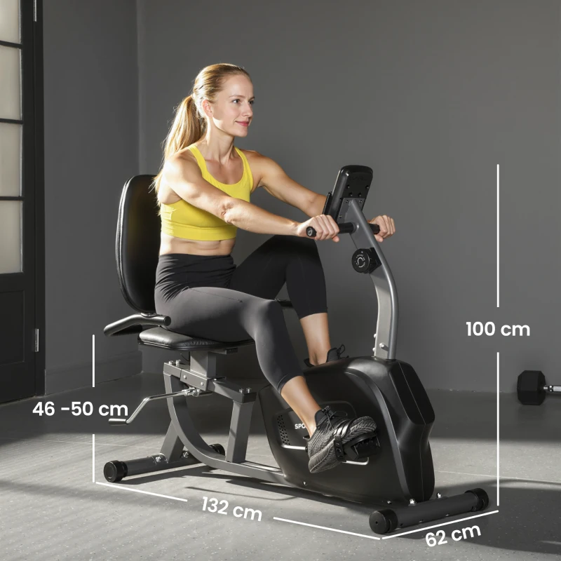 SPORTNOW Bicicleta Estática Reclinada para Casa 8 Niveles Magnéticos, Medición de Pulso, Asiento Ajustable Negro