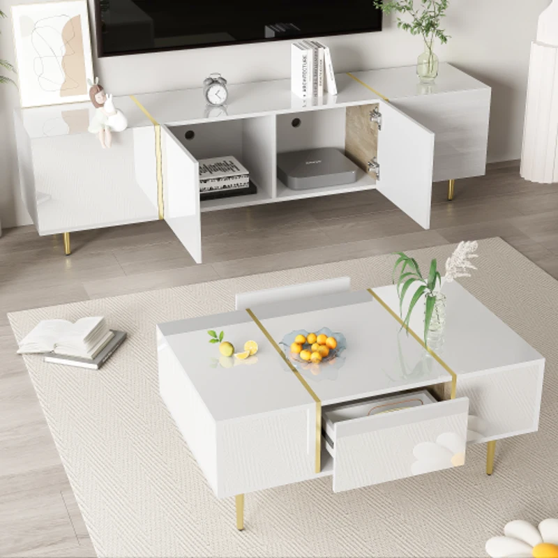 High-Gloss TV Cabinet with Gold Accents, Soft‑Close Doors, Coffee Table Set with Robot Vacuum‑Friendly Clearance, 170L x 35W x 46H cm, White