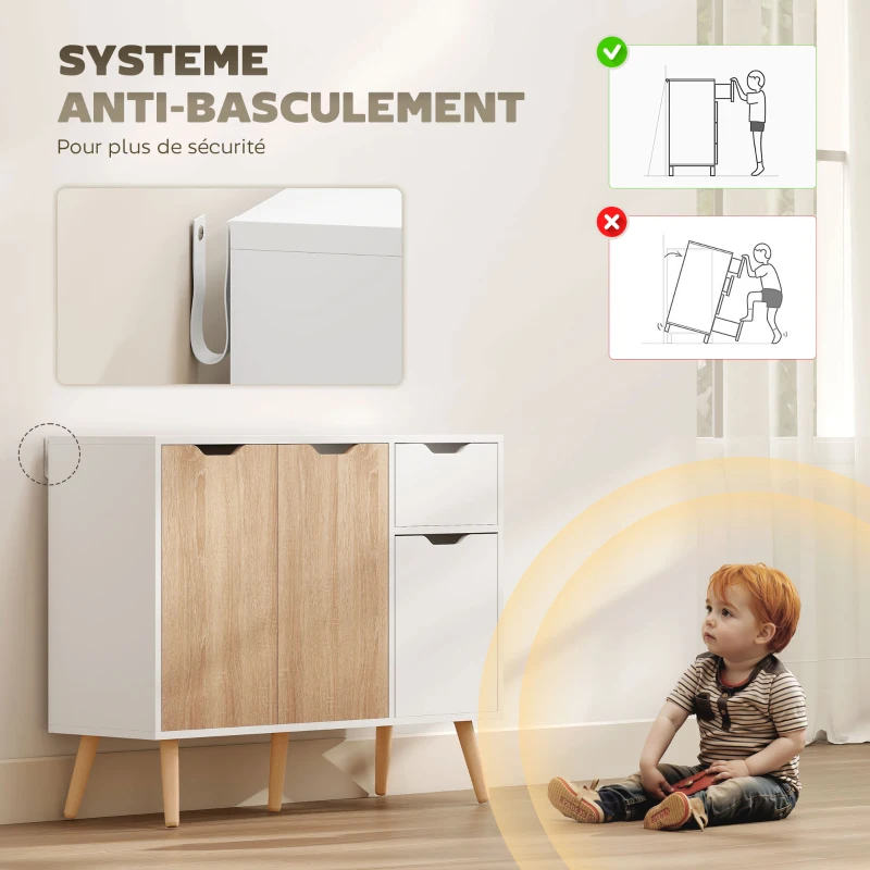 HOMCOM Buffet design scandinave 2 placards tiroir coulissant pieds bois massif pin panneaux particules blanc chêne clair(m-5)