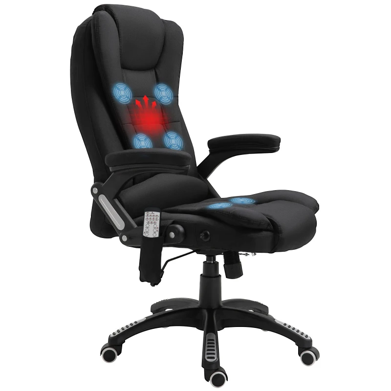 Vinsetto Fauteuil de bureau massant et chauffant, chaise de bureau, chaise ergonomique avec hauteur réglable, dossier inclinable et télécommande filaire, pivotant à 360° tissu en polyester noir