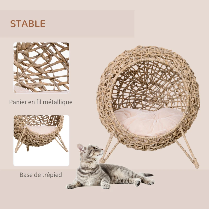 PawHut Panier chat lit surélevé chat cosy niche grotte grand confort dim. Ø 52 x 58H cm coussin moelleux inclus résine tressée imitation rotin beige