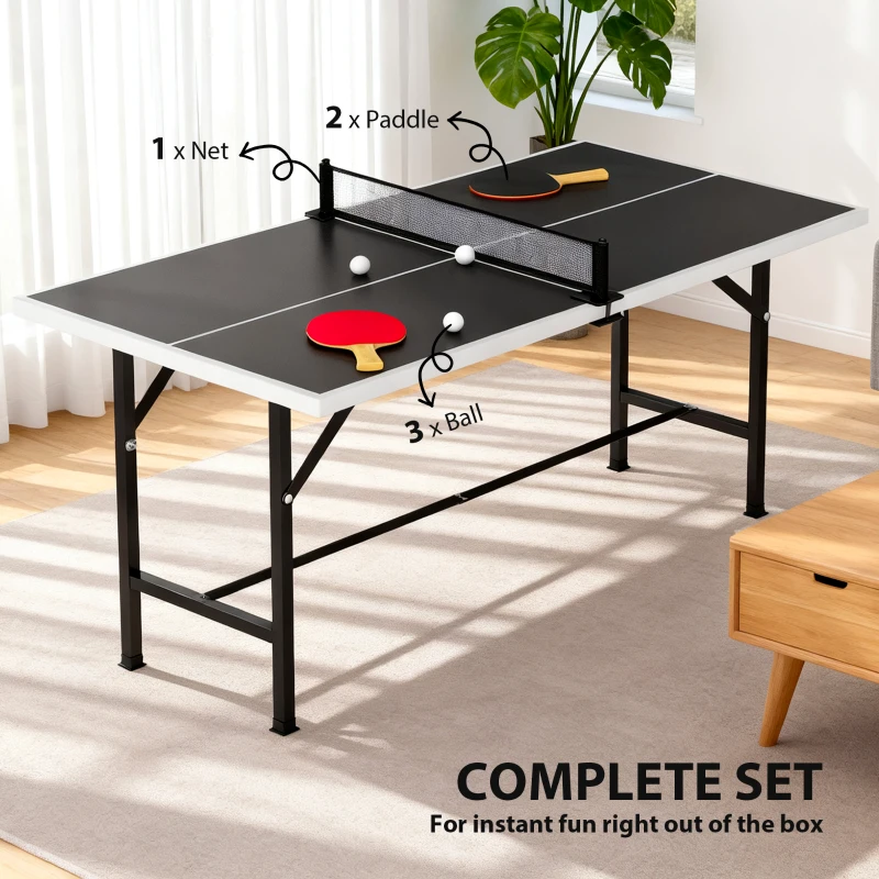 SPORTNOW Mini Mesa de Ping Pong Dobrável 152x76 cm para Exterior com Rede 2 Raquetes e 3 Bolas Fácil de Transportar Preto