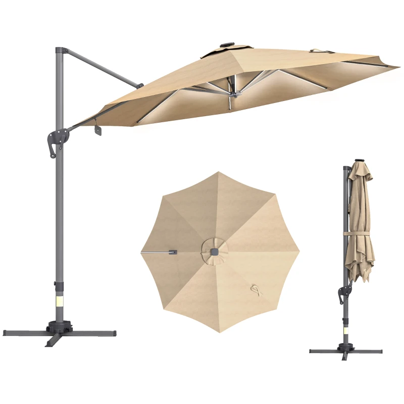 Outsunny Parasol déporté octogonal parasol LED solaire inclinable pivotant manivelle piètement aluminium dim. Ø 3 x 2,55H m beige