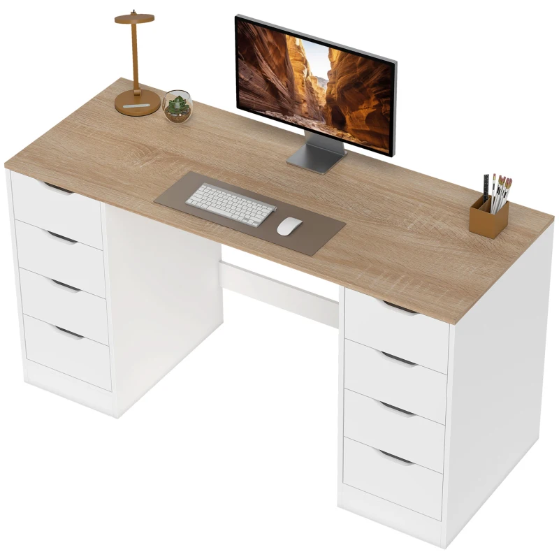 HOMCOM Scrivania con 8 cassetti, salvaspazio e stabile, 140 c, Bianco e Legno naturale