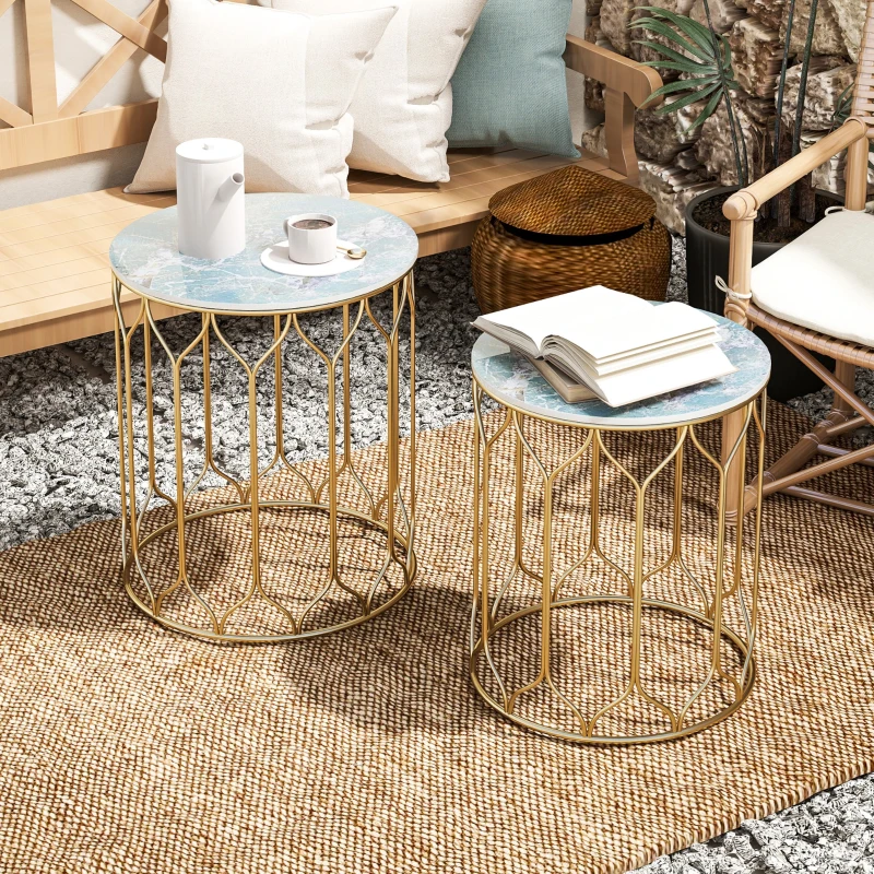 Outsunny Round Coffee Table Set of 2, Modern Nesting Tables with Ceramic Tile Top, Small End Tables, Indoor Outdoor Side Table with Metal Frame for Living Room, Bedroom, Patio, Balcony, Multicoloured