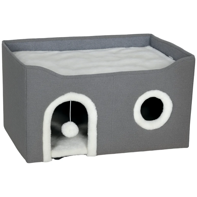 PawHut Casa para Gatos Dobrável com Arranhador 3 Entradas Bola Pendurada Almofada Reversível em Pelúcia e Tipo Linho 60x40x34 cm Cinza